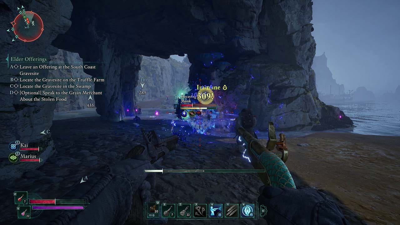 Avowed's combat in action with dual pistols being used against skeletons